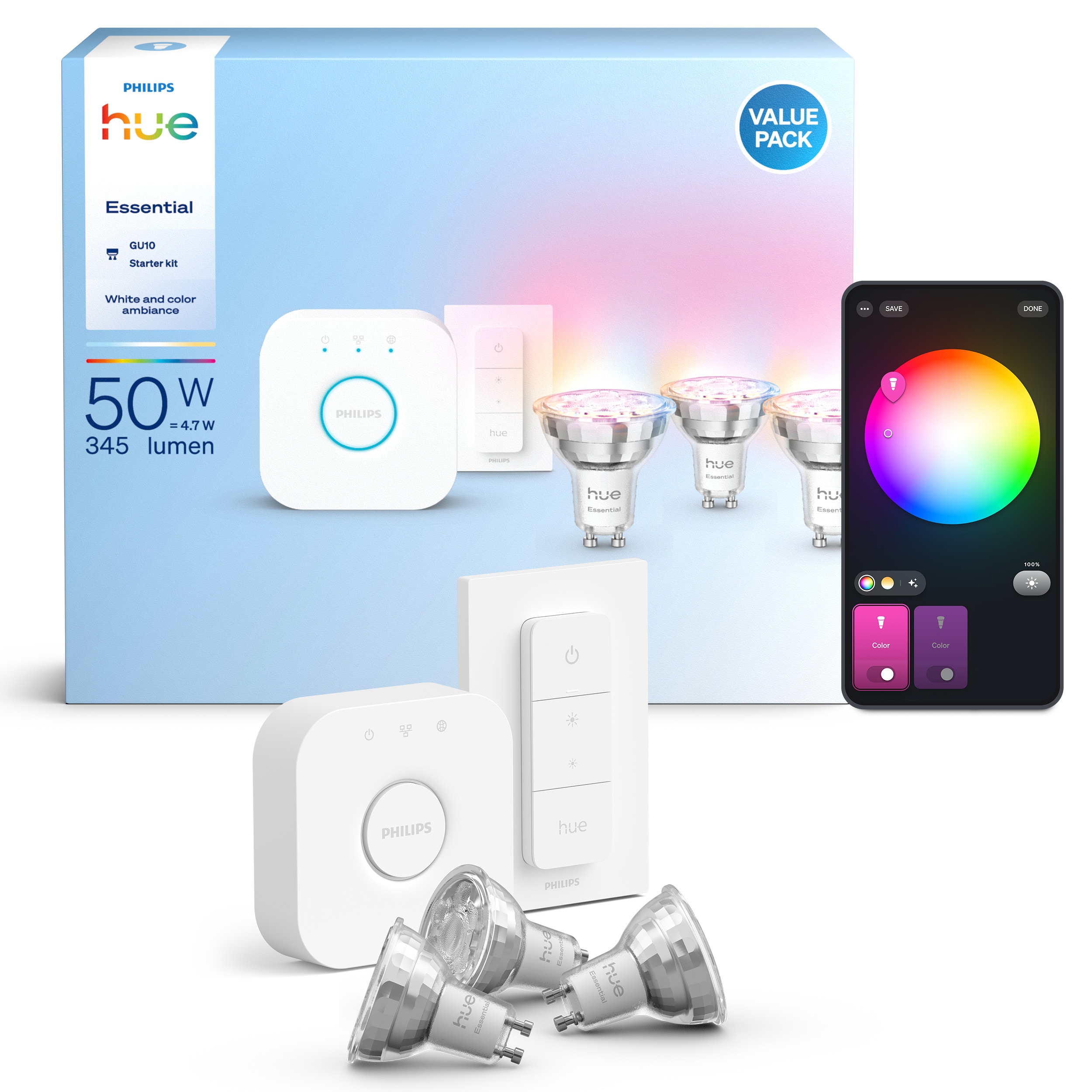 Philips Hue Essential Starter Kit: Hue Bridge + 3 Essential GU10 smarte Lampen + Dimmer Switch, White and Color Ambiance, 2200K-6500K, kompatibel mit gängigen Smart-Home-Assistenten 8721103103758