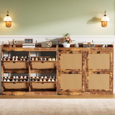 Garvee Shoe Storage Cabinet with 4 Flip Drawers, Wood Shoe Cabinet with Rattan Doors and Adjustable Shelves