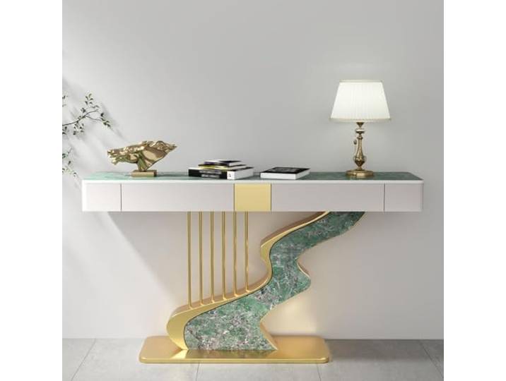 Moderner Konsolentisch mit 2 Schubladen, Sinterstein Flurtisch mit Stauraum Schmaler Sofatisch und Stilvoller Beistelltisch für Wohnzimmer mit Künstlerischem Gestell(Gold 1,L120cm/47.2in)