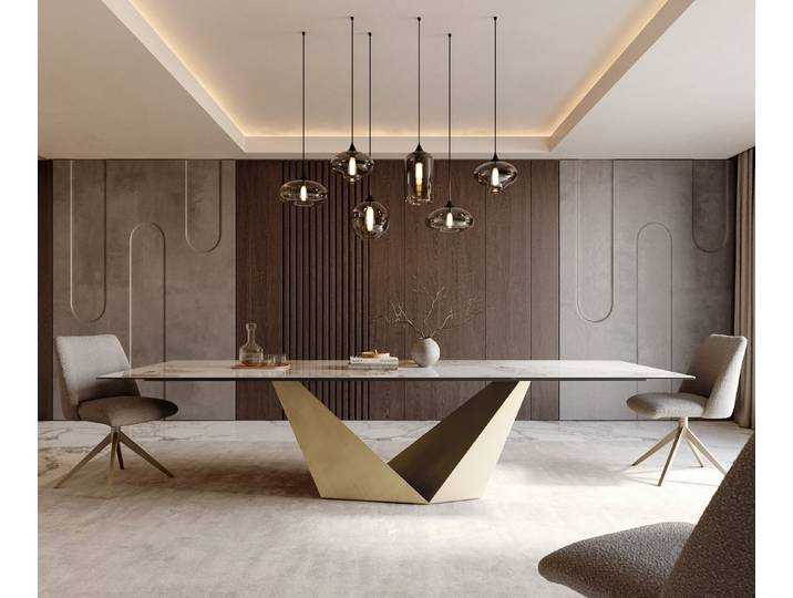 DELIFE Esstisch Edge, Keramik Minas Melange Weiß-Beige 300x100 Prisma Metallic Gold