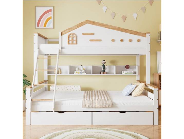 Lit superposé enfant 90x200 et 140x200 blanc et naturel avec 2 tiroirs étagère ouverte et échelle inclinée