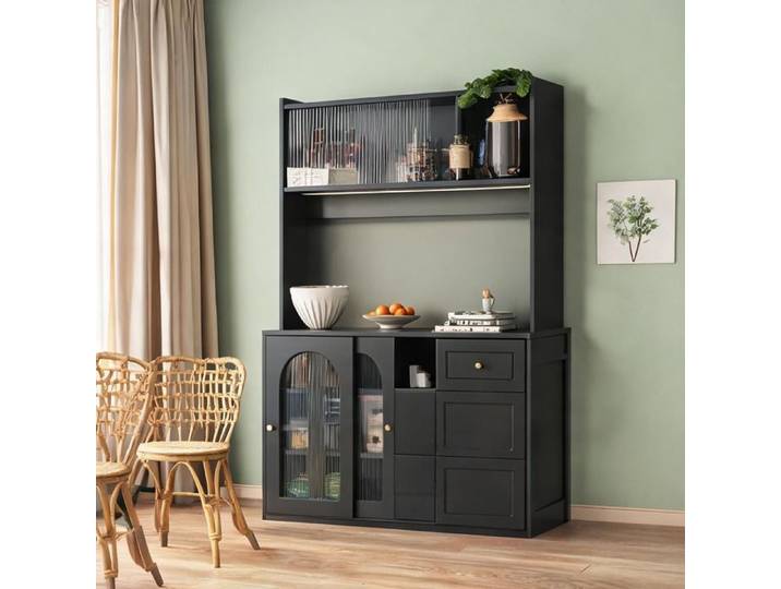 Buffet haut multifonction deep black 120x35x167 cm avec portes vitrées et LED connectée