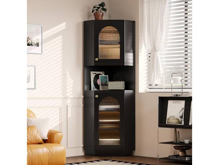 Badschrank，Eckschrank mit zwei Ablagefächern，45x 45 x 166,5 cm，Schwarz mit Lichtleiste, Badmöbel,offenes Fach mit verstellbaren Einlegeböden