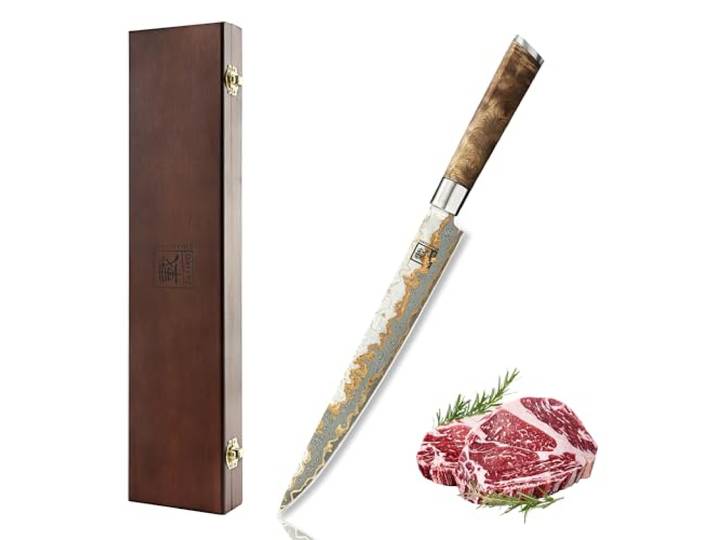 zayiko MysticMagma Sashimi Messer 25 cm, 67 Lagen Damaststahl, VG10 Kern Sushi Messer mit Kupfer-Bronze-Einlage, DualCurve-Griff aus Ahornwurzelholz, 15° V-Schliff beidseitig, 60 ± 2 HRC, in Holzbox