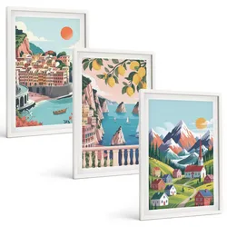BILDER SET 3er Set - 40x60 cm Weißer Rahmen - Farbenfrohe Berge und Städte