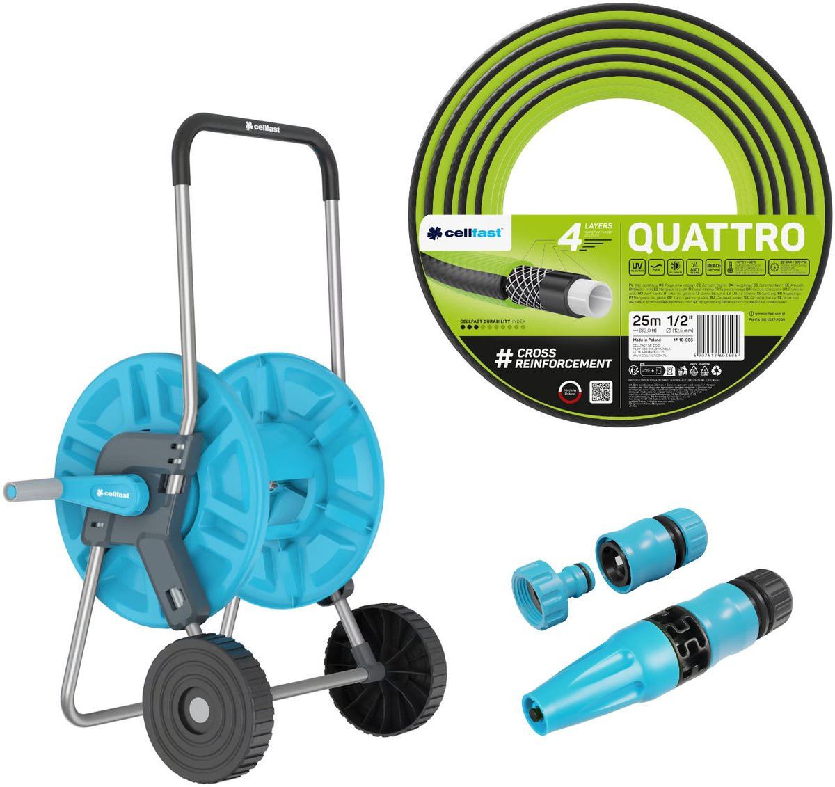 Cellfast Tuinslangset met Aluplus-slangwagen, Quattro-tuinslang en Basic-sproeier, 1/2 inch, 85 meter totaal
