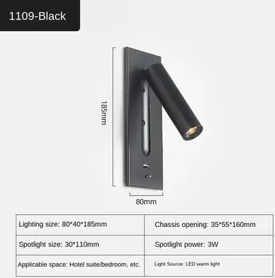 Friendly Fresh Finds Modern LED Wall Reading Light With USB Charging Port For Bedroom Bedside & Living Room 1109 black warm Light 3000k