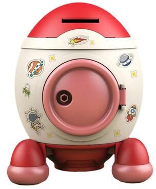 Snug & Styled Kids Cartoon Rocket Piggy Bank With Key DIY Stickers Large Coin Savings Bank Gift pink