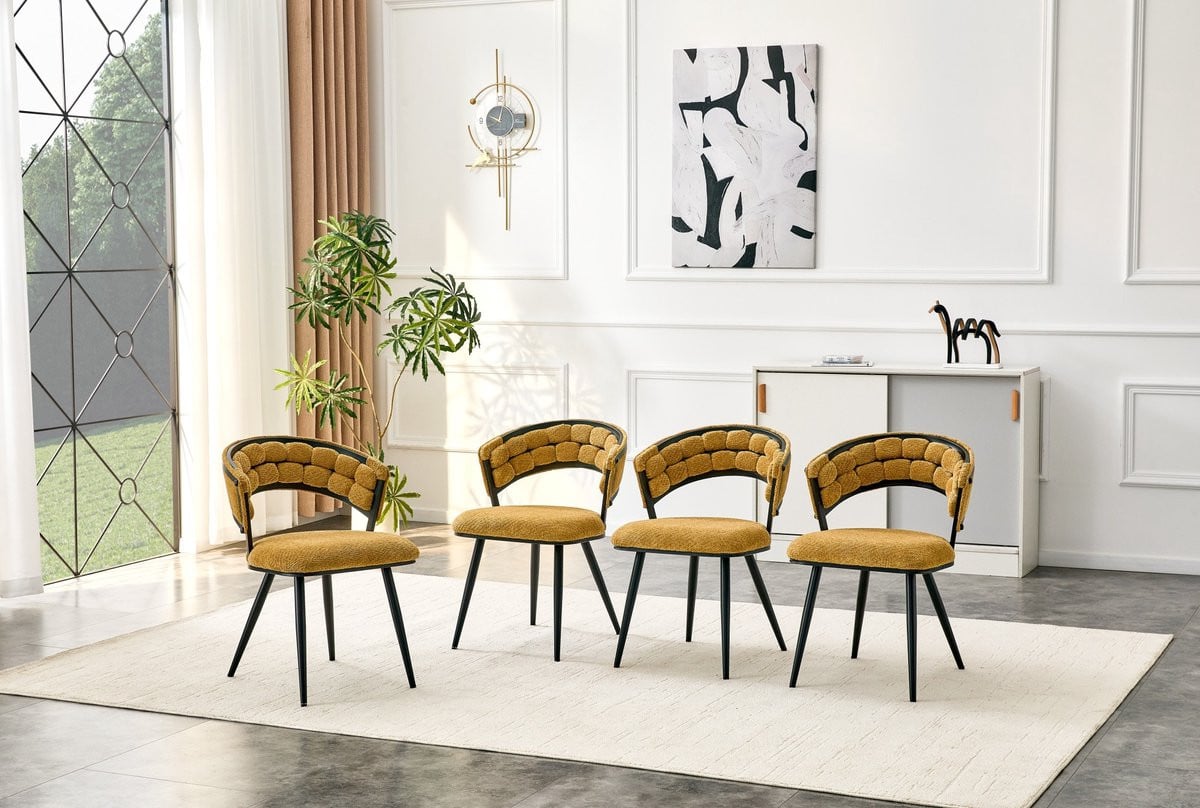 DESMIU Eetkamerstoel Set van 4 - Luxe Geel Fluweel - Moderne Kuipstoel met Zwart Metalen Onderstel