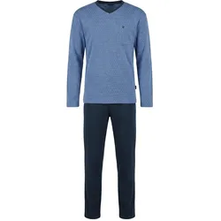hajo Herren Schlafanzug lang - Klima-Light, lang, V-Neck, gemustert, Baumwollmix Dunkelblau / M
