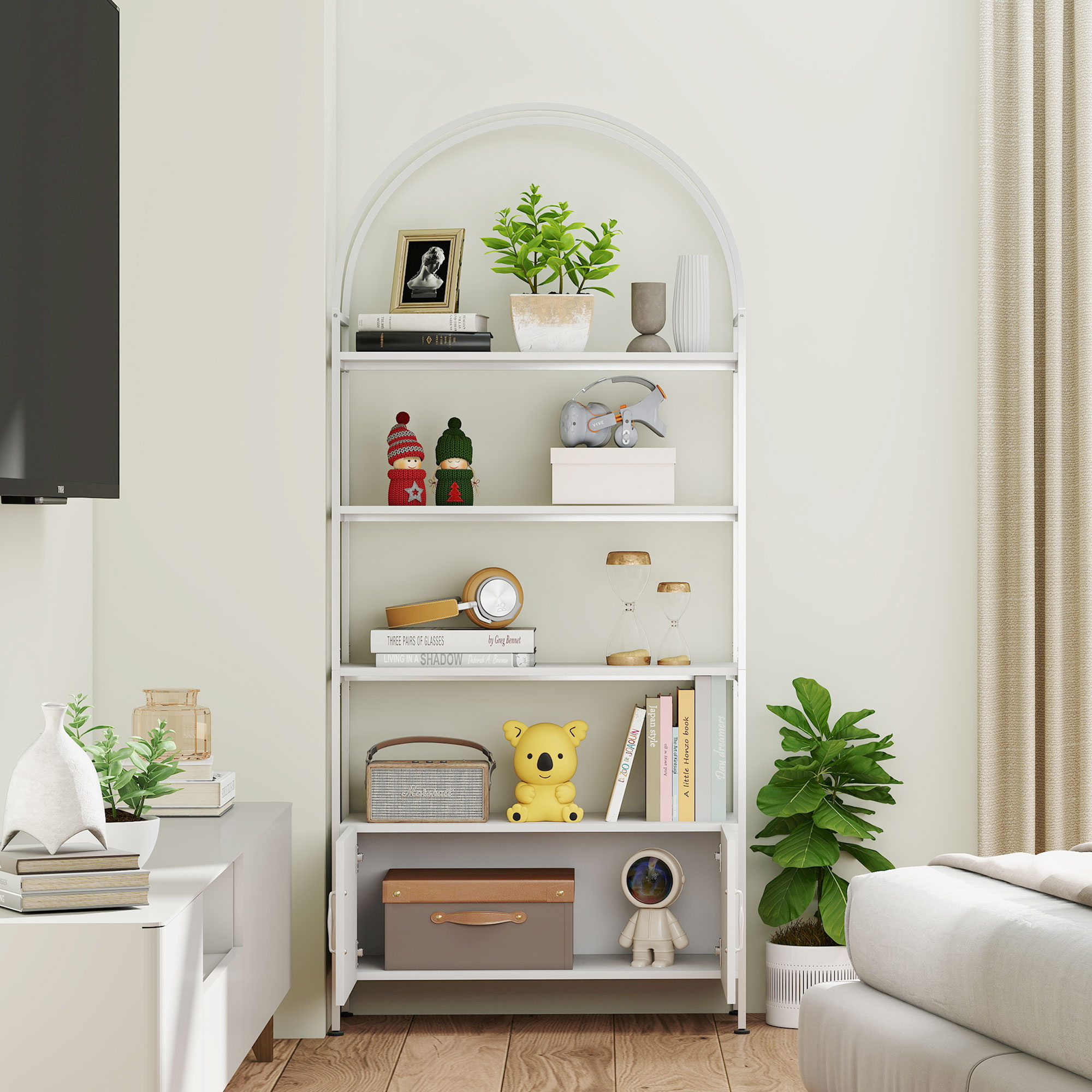 Homcom Scaffale portaoggetti, libreria ad arco a 4 ripiani con armadietto a doppia anta, 80 x 30 x 187 cm, bianco   Aosom Italy