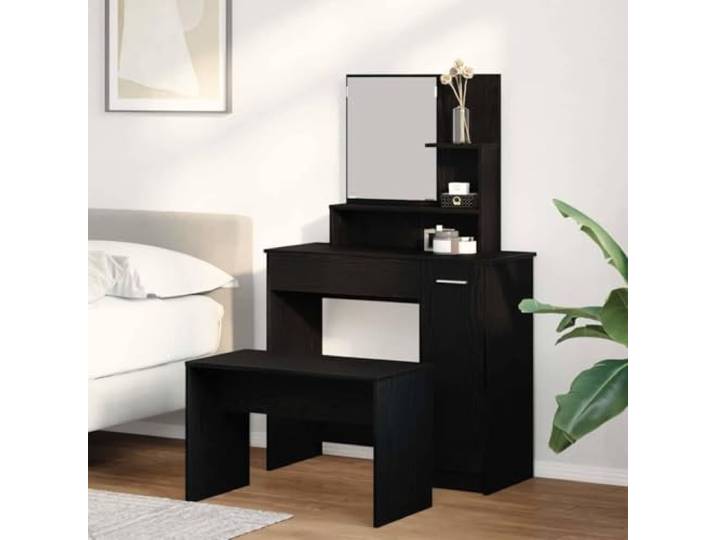 Schminktisch-Set 2 stk. Schwarz Eichen-Optik 86.5 x 35 x 136 cm mit Hocker Kosmetiktisch mit Hocker, Acrylspiegel, Stauraum, pflegeleichter Holzwerkstoff, moderne Optik