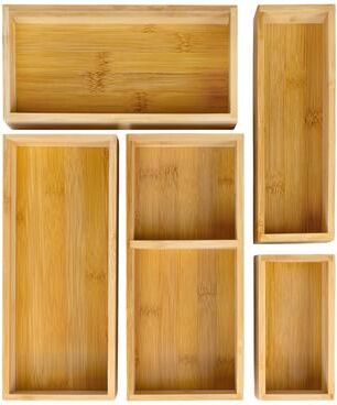 JONATHAN Y happimess Eldora Handcrafted 5-Piece Multi-Use Individual Bamboo Drawer Organizer Boxes