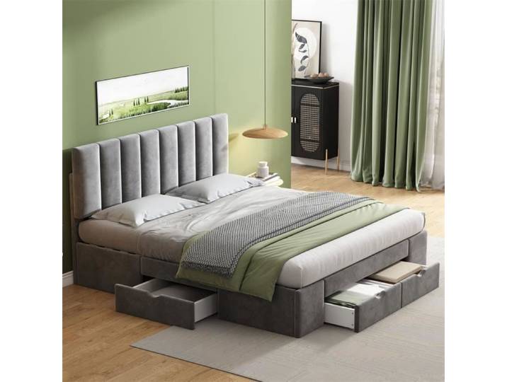 Lit Double DRIPEX 160x200cm en Velours Gris avec 4 Tiroirs et Sommier à Lattes