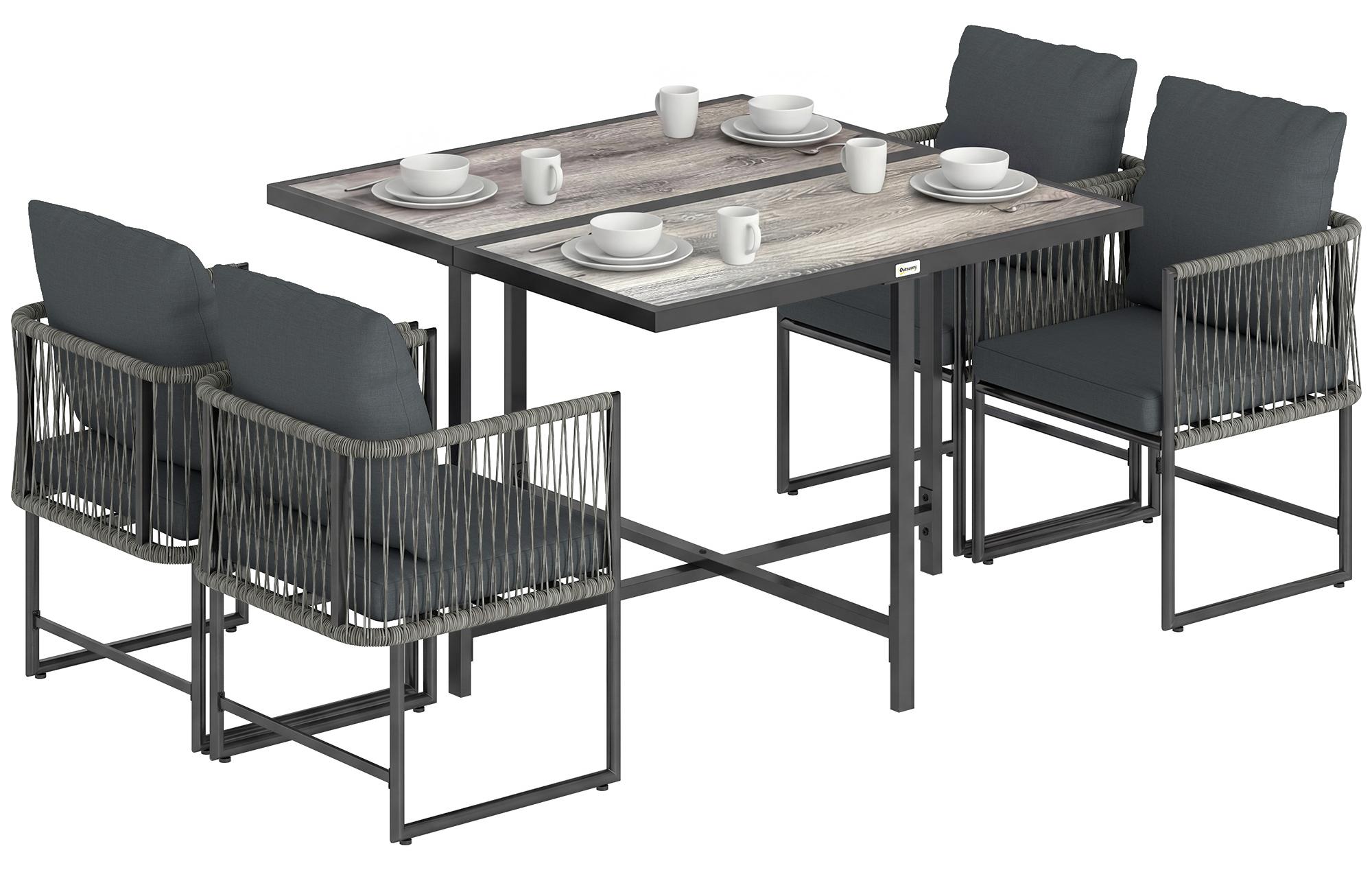 5-teiliges Gartenm?belset aus Polyrattan, platzsparende Lounge-Ecke, Tisch und 4 Stš¹hle, Tischplatte aus Kunstharz, Kissen, grau