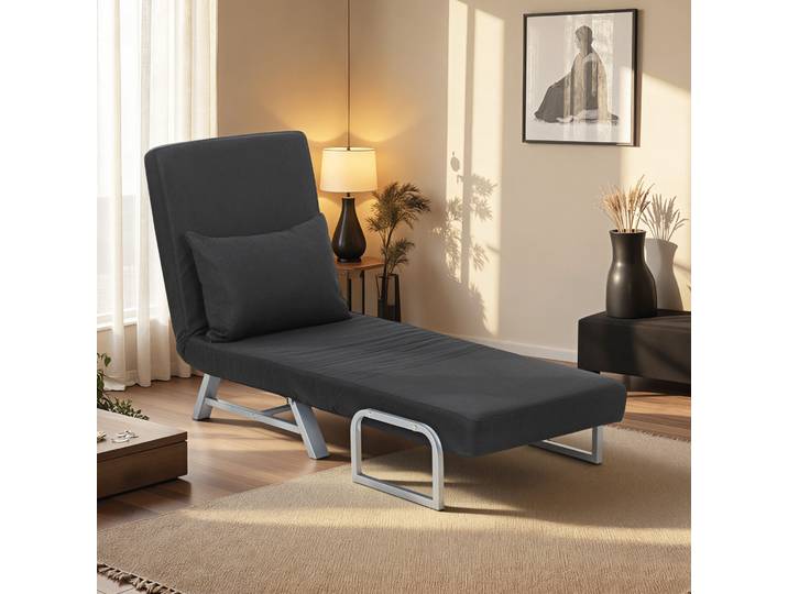 HOMCOM Fauteuil Convertible 1 Place Lin Noir Métal Inclinable