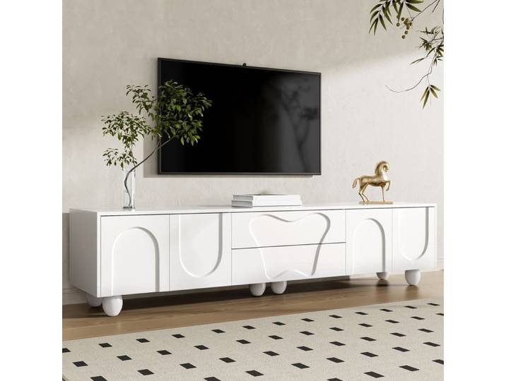 Meuble TV Bas 180 cm LEMLIT Meuble TV Blanc avec Pieds en Bois Tiroirs Niches Portes Courbées Rangement Salon - Blanc et Bois