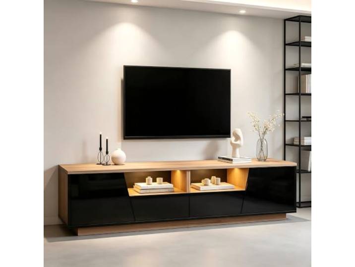 VILUXE TV Schrank Lowboard mit LED 180 cm Schwarz Natur TV Lowboard mit LED, Spanplatte Hochglanzfront, Wohnzimmer Heimkino, Familienhaushalte