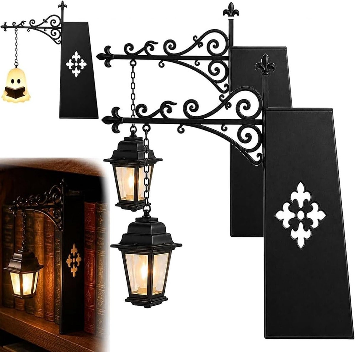 Bibliotheeklantaarn Boekensteun van Metaal met LED-verlichting - 2 stuks - Zwart - Vintage stijl