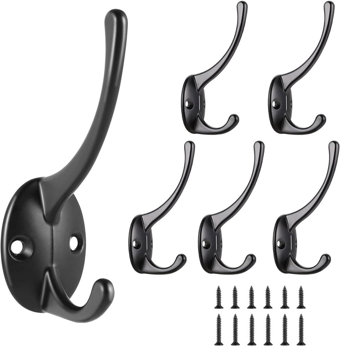 Set van 6 Dubbele Tanden Wandhaken - Zwart Metaal