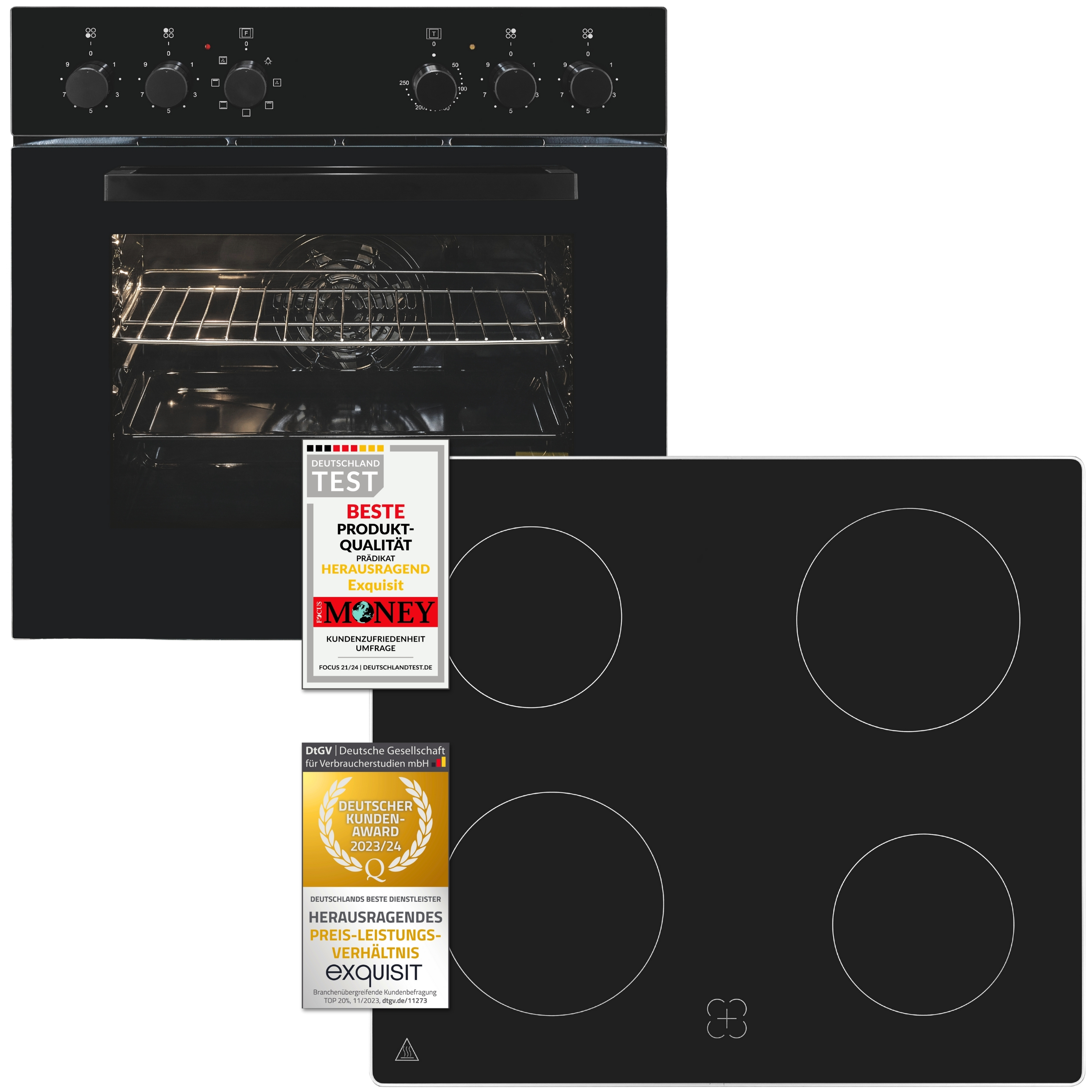 Exquisit Einbauherdset EHE256-U-020-Set schwarz | 59 l Garraumvolumen | 5 Backofenprogramme | Energieklasse A | Kochfeld mit Rahmen