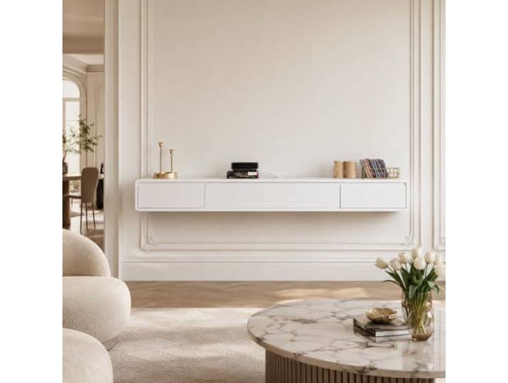 TV Board Hängend Massivholz mit Schubladen, Lowboard Wandmontage Modern Fernsehtisch für Wohnzimmer, Klapptür Verbirgt Kabel, Abgerundete Ecken(White,160cm/63in)