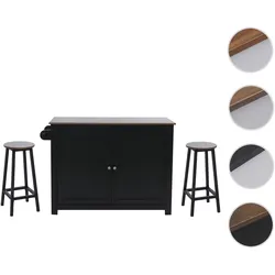 Kücheninsel HWC-P61 mit 2 Sitzhockern, Küchenschrank Staufächer MDF 90x120x45cm ~ schwarz, dunkles Holz