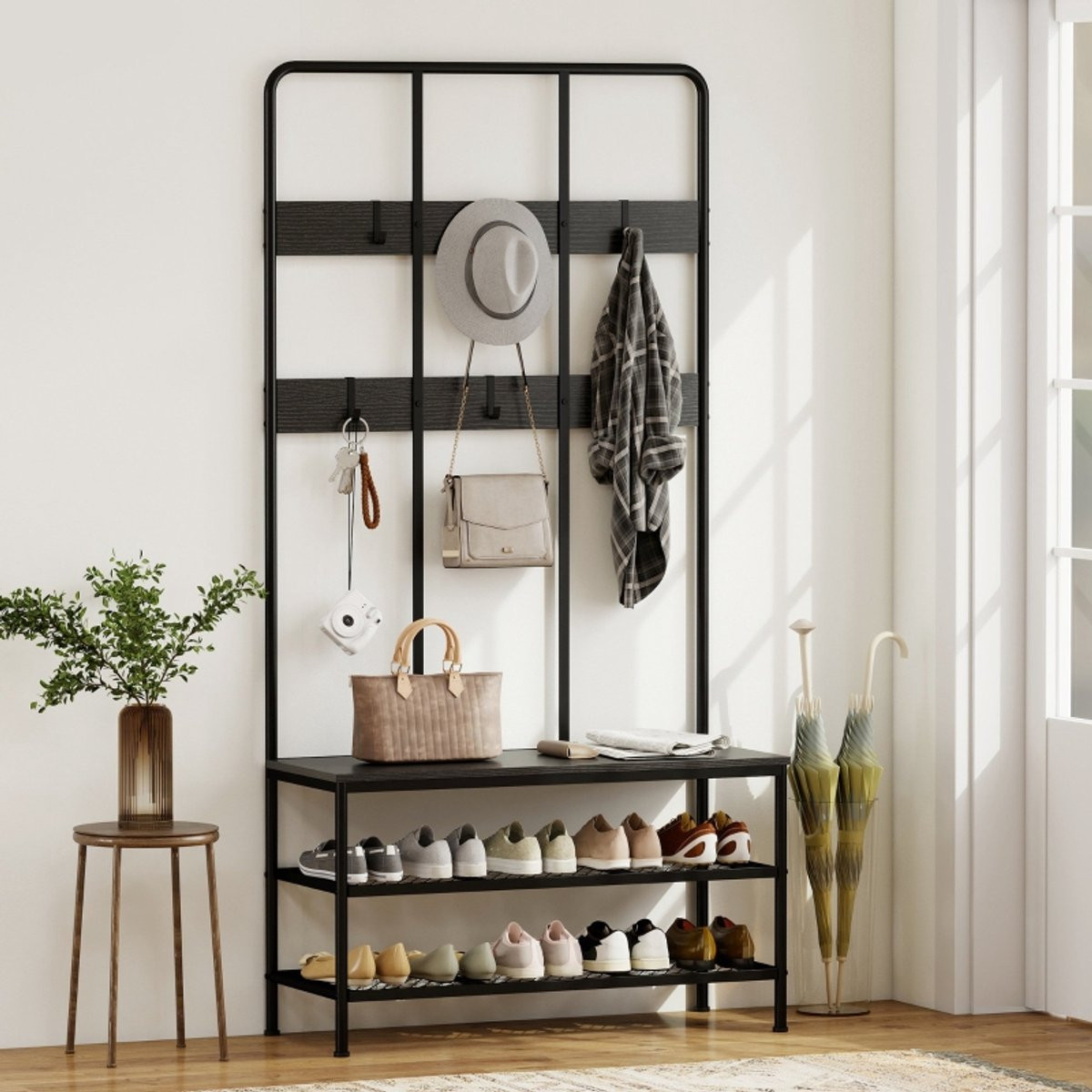 MODFU Luxe 3-in-1 Industriële Kapstok met Zitbank en Schoenenrek, Zwart, Breedte: 91 cm