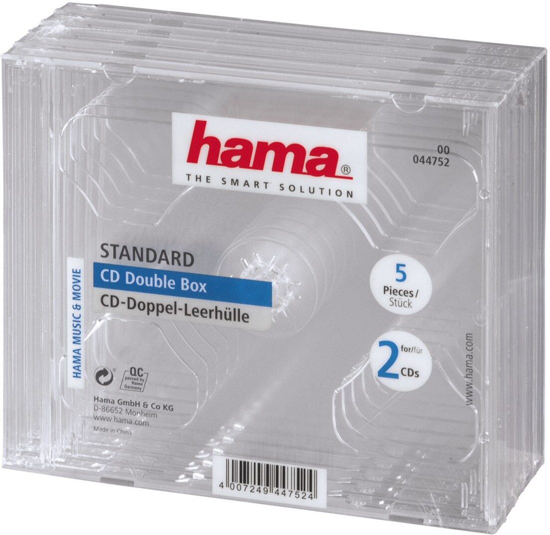 Hama 00044752 Double CD Jewel Cases, 2 Discs, Pack of 5 - Transparent