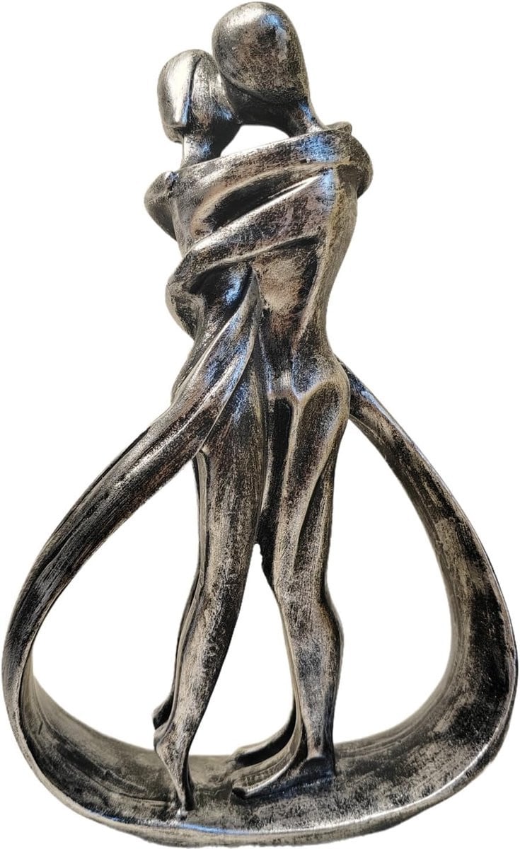 SnelShoppen Decoratief Beeldje Couple Embracing - Moderne Abstracte Kunst in Zilver - Polyresin