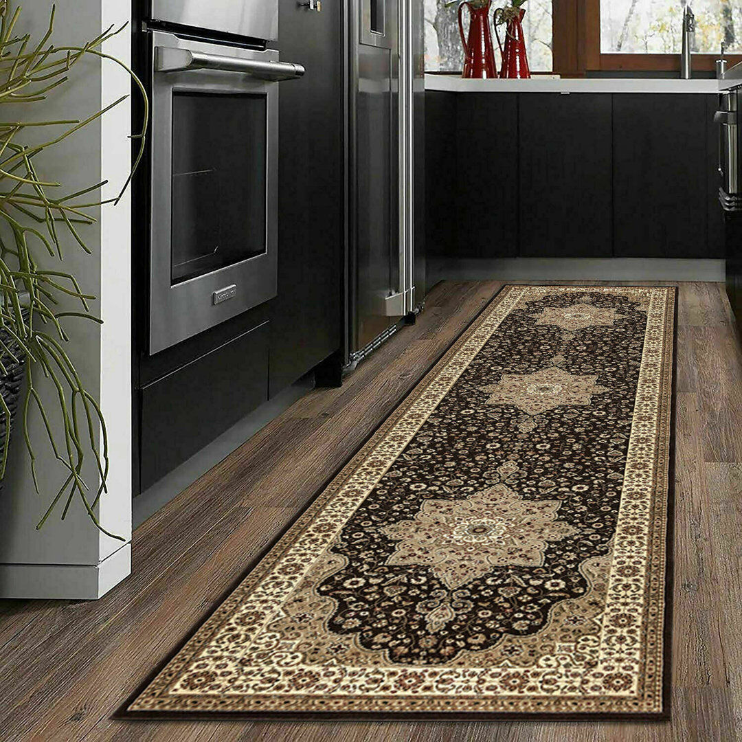 Rosalind Wheeler Jamesville Floral Area Rug Brown Runner 60 x 220cm