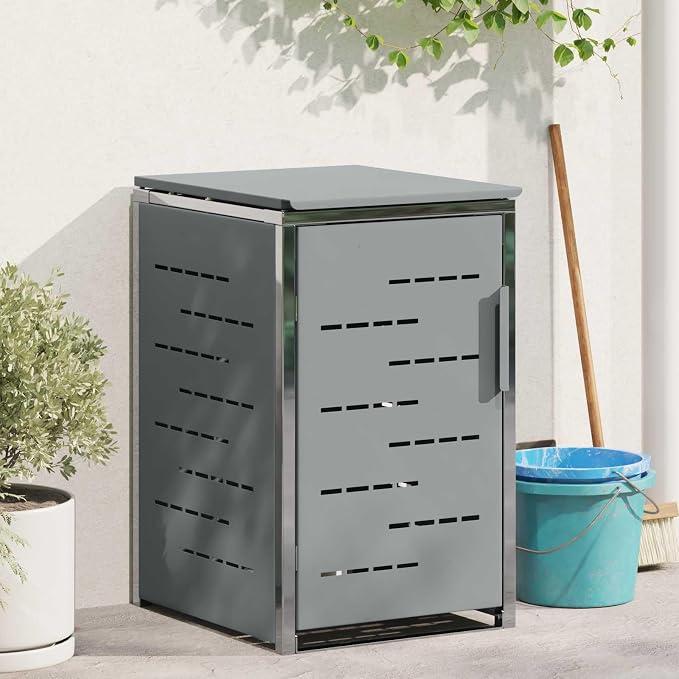 Rollbehälterlagerung Grau aus Edelstahl 77,5 x 69 x 112,5 cm mit Soft-Close Deckel und Magnetverschluss erweiterbar für Mülltonnenbox Sichtschutz im Außenbereich Terrasse Garten Hof