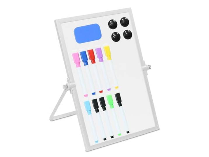 Tableau blanc de table Relaxdays\, 30 x 20 cm\, magnétique\, pivotant 360°\, avec stylos\, aimants\, éponge\, blanc/argent