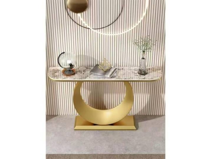 Schmaler moderner Konsolentisch, stabiler Metallfuß für Eingang und Sofa Flurtisch Landhausstil, platzsparend, mit Stauraum, einfache Montage(Gold+Mixed,59.1inW/150cm)