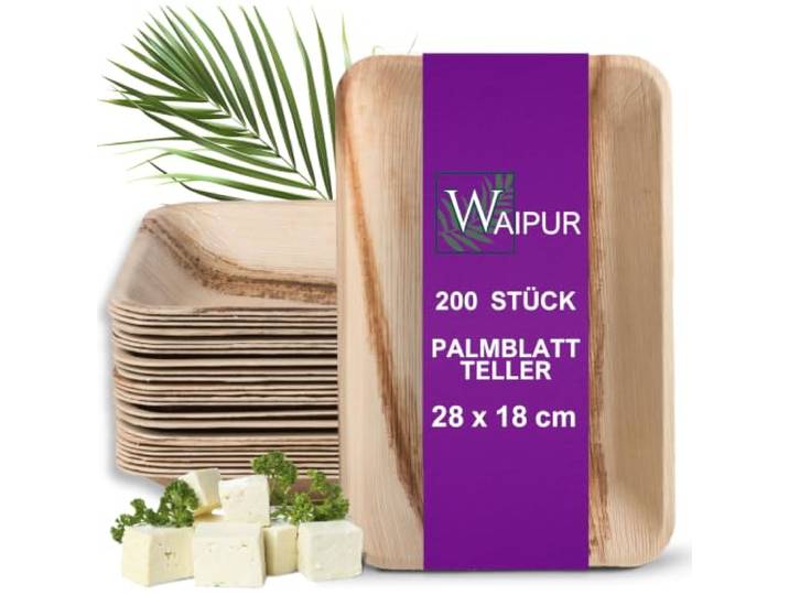Waipur Palmblatt Geschirr - 200 Teller Rechteckig 28x18 cm - naturbelassen Premium Einwegteller aus natürlichem Palmblatt, stilvolles Partygeschirr mit natürlicher Maserung ähnl. Einweg Bambus-Teller
