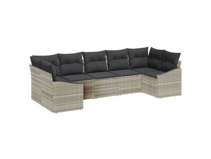 PUGYNBK 7-teiliges Sofaset hellgrau Synthetik Rattan Verstellbarer Tisch aus gehärtetem Glas, Kuschelkissen, Outdoor-Design, leichte Reinigung