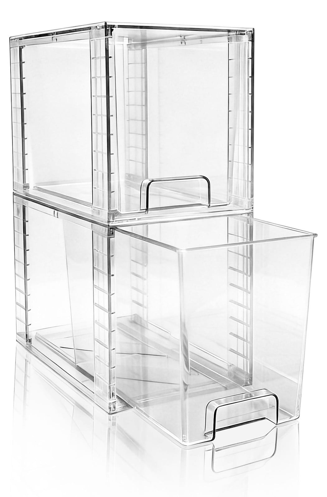 Set van 2 stapelbare transparante plastic opbergboxen voor badkamer en keuken