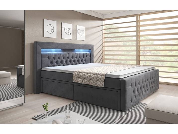 PROMETO Möbel Boxspringbett ASCONA Polsterbett mit LED-Beleuchtung, 2 Bettkästen, 2 Matratzen und Komfortschaum-Topper