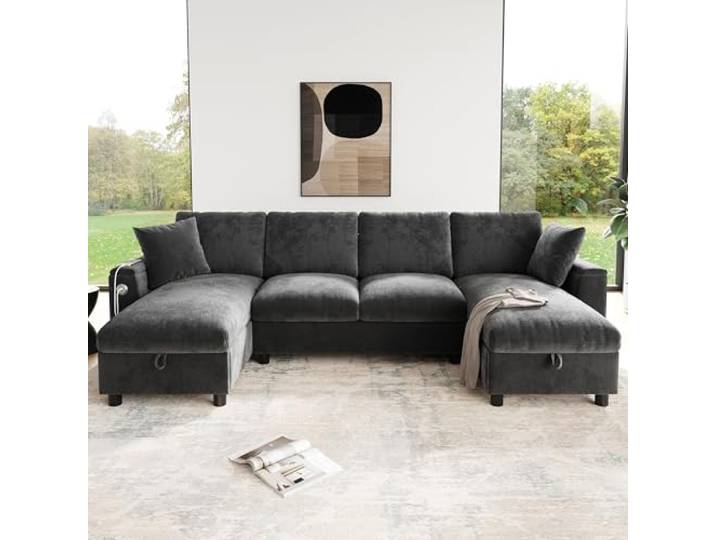 Merax U-Form Sofa mit Stauraum, Wohnlandschaft aus Chenille, Großes Ecksofa mit 2 Chaiselongues und 2 Kissen, Modulares Sofa für Wohnzimmer, Couch in U-Form, Grau, 279 x 135 x 84 cm