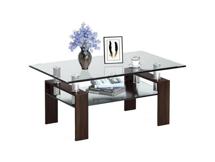 COSTWAY Couchtisch, aus Glas, Wohnzimmertisch mit unterer Ablage, Metall