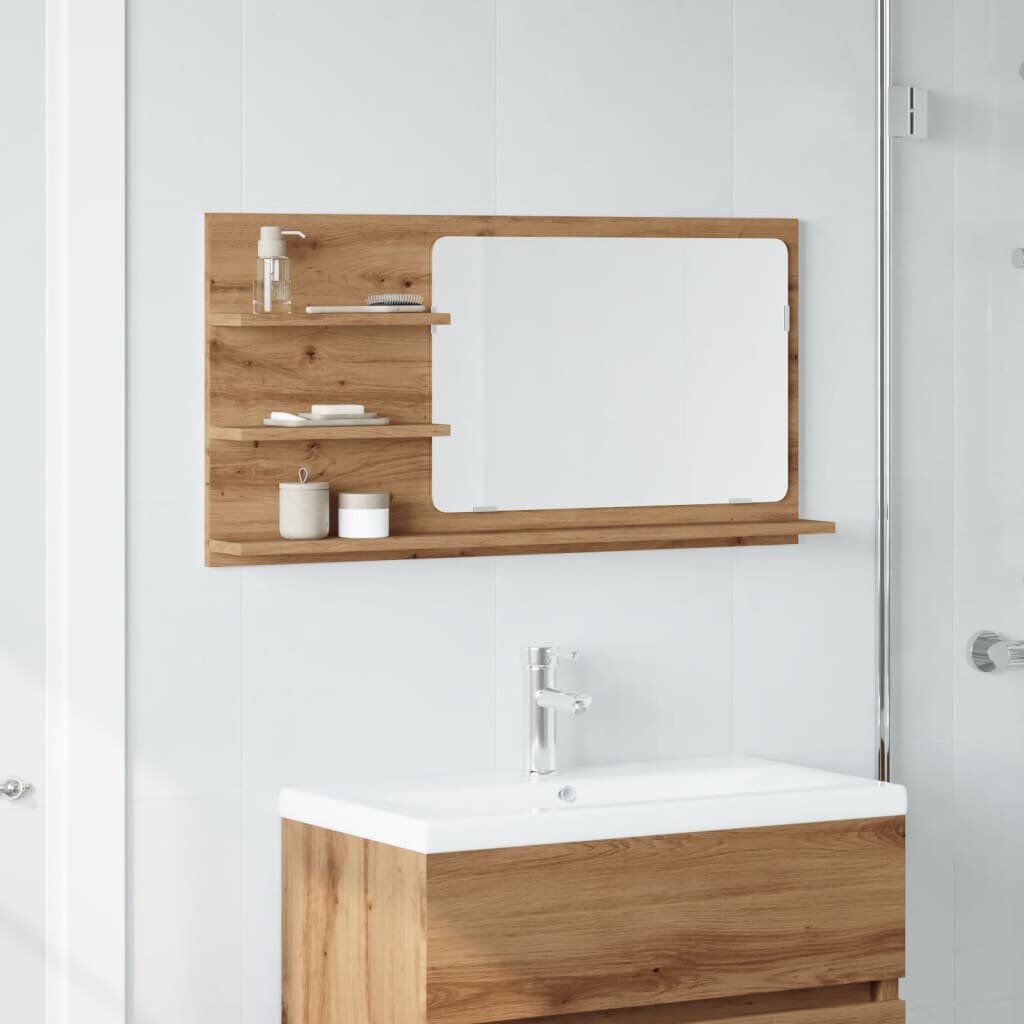 Ebern Designs Adji Flat Mirror with Shelves Artisan Oak 45cm x 90cm