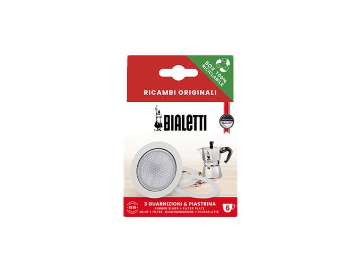 Dichtungen und Filterplatte für Bialetti alum. 6-Tassen-Mokkakannen