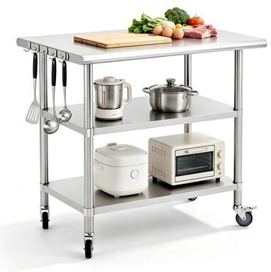 Garvee Commercial Stainless Steel Prep Table with Casters, 2 Under Shelves & Hooks, Heavy-Duty Food Prep Workstation