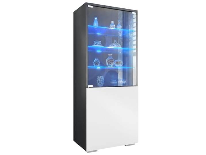 Vladon Vitrine Granada, Made in Germany, Vitrinenschrank mit Glastür und Glaseinsatz inkl. LED, Anthrazit matt/Weiß matt (50 x 122,5 x 34,5 cm)