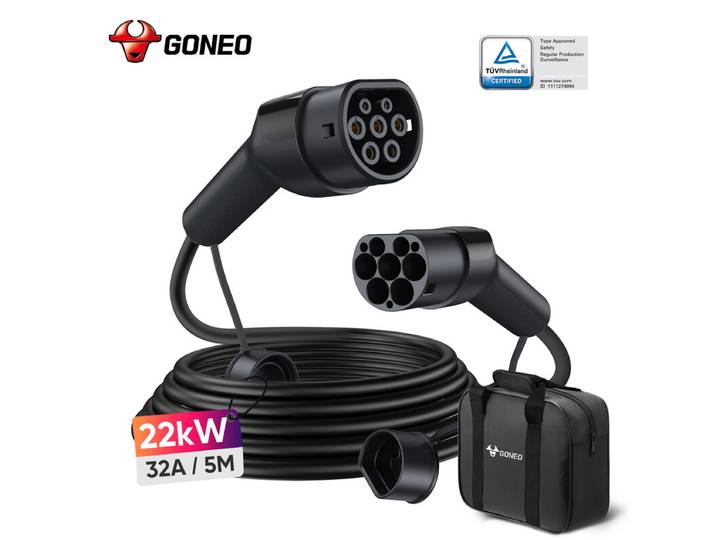 GONEO Câble de charge pour VE Type 2 22 kW 32 A 5 m Triphasé Certifié TÜV Soudage par ultrasons Connecteur plaqué argent IP54 Étanche PA66+TPU Ignifuge Avec sac de transport