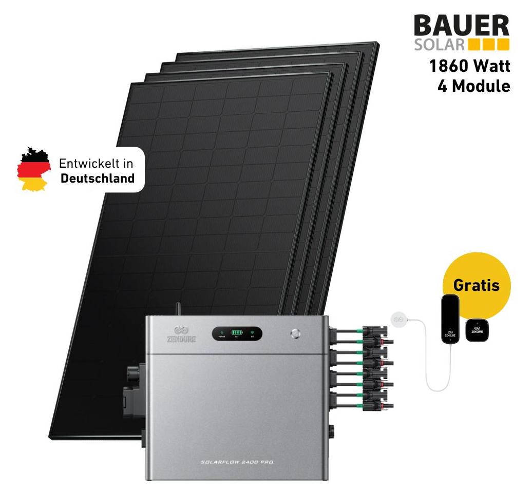 1800 Watt, Bifazial Komplettset, Balkonkraftwerk, Zendure Solarflow 2400 Pro, 5 x AB3000L Zusatzbatterien, Halterung Balkon