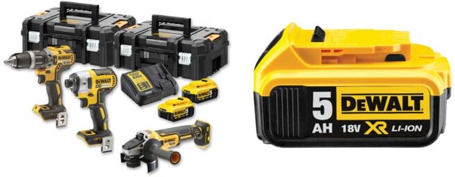 Set DeWalt Akku-Kombopack 18 Volt (3-tlg.) + DeWalt 18,0V / 5,0 Ah Ersatz-Akku