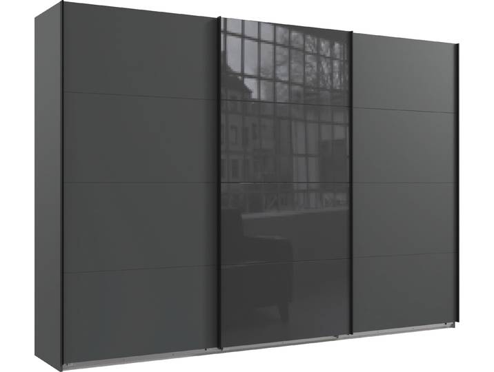 Schwebetürenschrank, Spanplatte, Grau/Graphit, 313×236×64 cm, Mit Glastüren & 2 Stoffboxen, Wimex Norderstedt