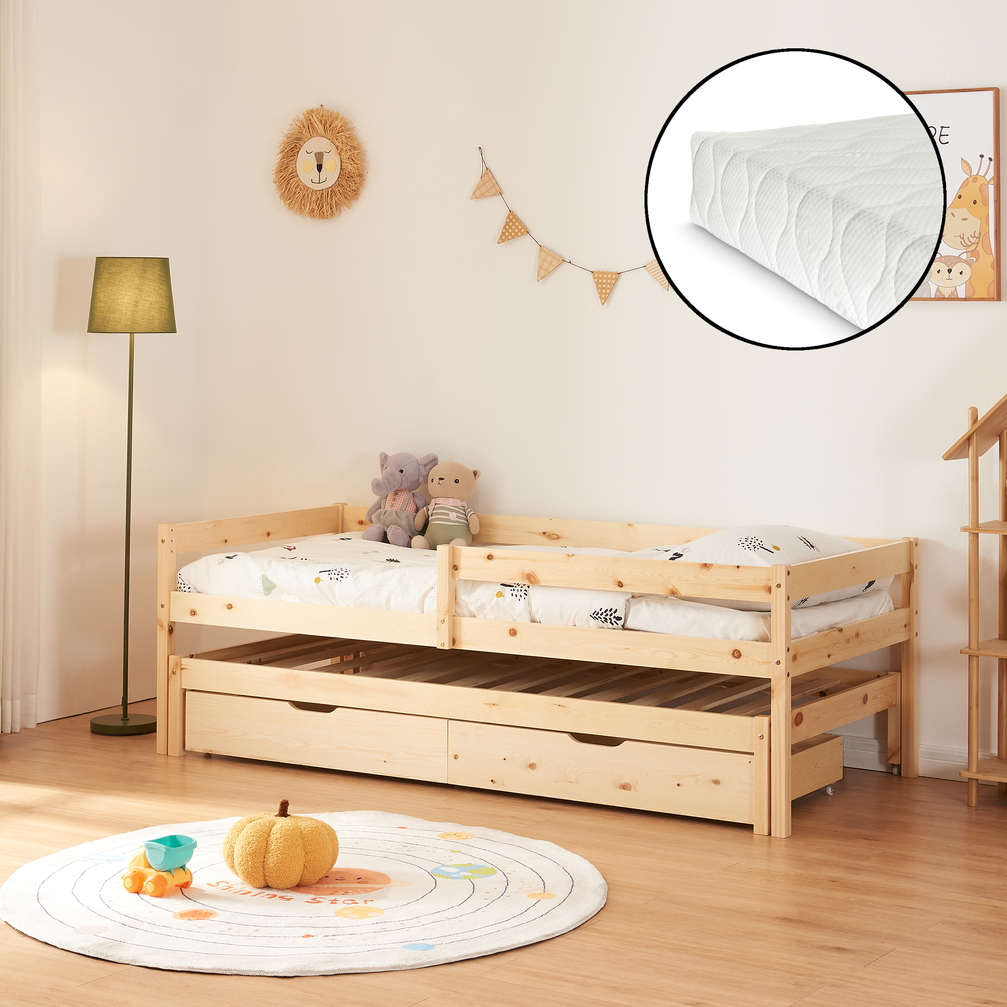 Doppel-Kinderbett 'Sonkajärvi' mit Matratze mit Schubladen 90x200cm Kiefernholz