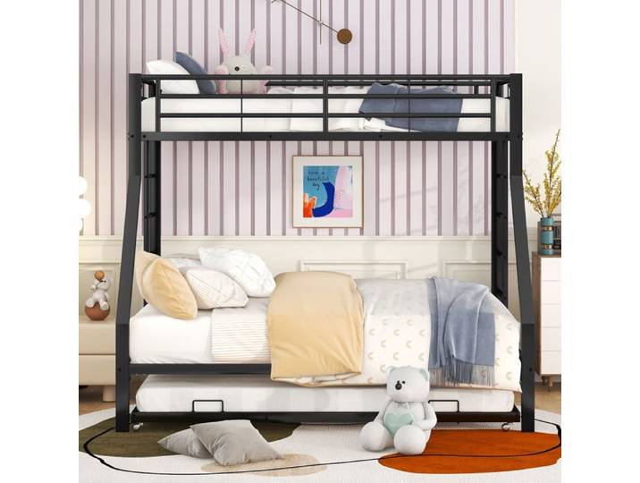 Lit Superposé métal 90/140x200 cm avec lit gigogne 90x190cm Cadre de Lit en Métal avec échelle lit Superposé 3 en 1 Noir
